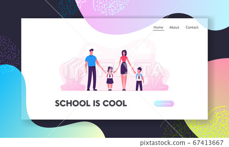 Parents and School Kids Website Landing Page. Mother and Father Leading their Children to College. Students in Uniform Holding Hands. Back to School Web Page Banner. Cartoon Flat Vector Illustration 67413667