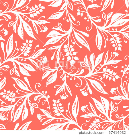 Floral seamless pattern with leaves and berries. Hand drawing. Background for title, blog, decoration. Design for wallpapers, textiles, fabrics. Floral seamless pattern with leaves and berries. Hand drawing. Background for title, blog, decoration. Design for wallpapers, textiles, fabrics. 67414982