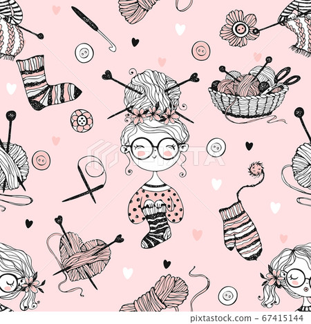 Seamless pattern on the theme of knitting with cute knitter girls in Doodle style. Vector 67415144