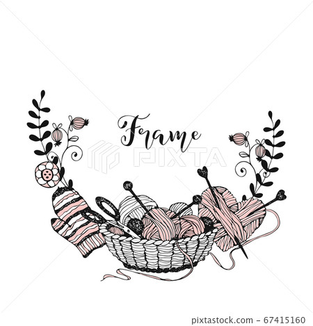 A wreath frame on the theme of knitting with a basket with yarn and mittens. Vector 67415160