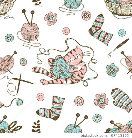 Seamless pattern on the theme of knitting with a basket and balls of yarn and a cute cat. Vector 67415165