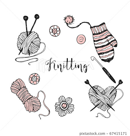 A set of elements on the theme of knitting. Yarn, knitting needles, and mittens. Vector A set of elements on the theme of knitting. Yarn, knitting needles, and mittens. Vector 67415171