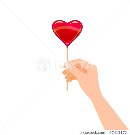 Hand hold candy Lollipop in the shape of a heart dessert sweetness. Vector illustration isolated cartoon style 67415172
