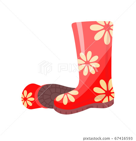 Element of garden set. Agricultural tool for garden care, colorful vector flat illustration. Gardening element gumboots with decorative flowers Element of garden set. Agricultural tool for garden care, colorful vector flat illustration. Gardening element gumboots with decorative flowers 67416593
