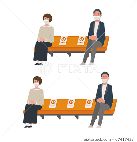Illustration of a man and a woman sitting outdoors on a chaise longue [outdoor, seating, waiting room, waiting line, social distance] 67417432