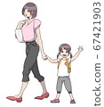 Child (girl) holding hands with mother and waving while going to school 67421903