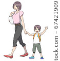 Child (boy) holding hands with mother and waving while going to school 67421909