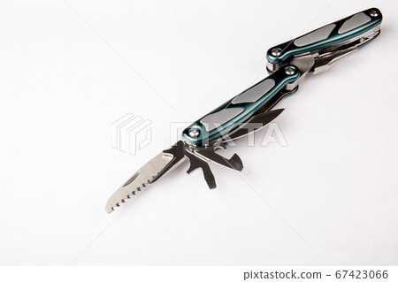 Multitool with green and grey handles on white background. Tools for cutting, sawing, bottle opening Multitool with green and grey handles on white background. Tools for cutting, sawing, bottle opening 67423066