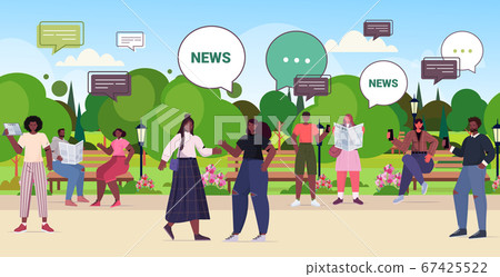 people reading newspapers and discussing daily news chat bubble communication concept 67425522