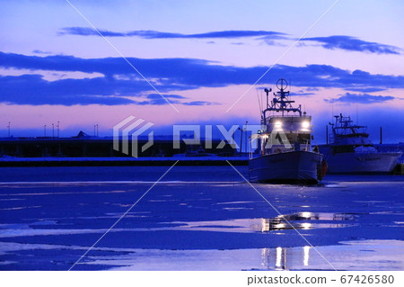 Rausu Port and ship at dawn Rausu Port and ship at dawn 67426580
