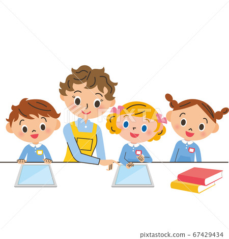 女幼兒園老師，很多孩子和平板電腦 67429434