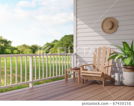Vintage style wood terrace with blurry nature view 3d render 67430158