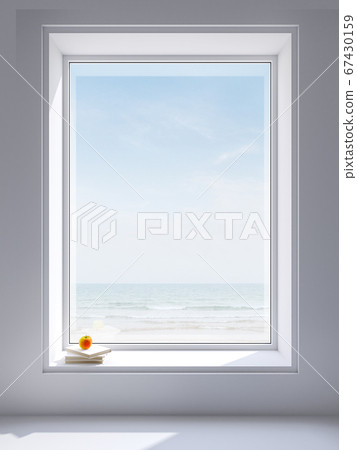 Large white window frame with sea view 3d render 67430159