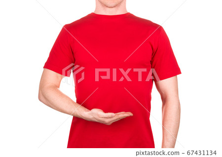 Man in red t-shirt holding something on his palm isolated white background Man in red t-shirt holding something on his palm isolated white background 67431134