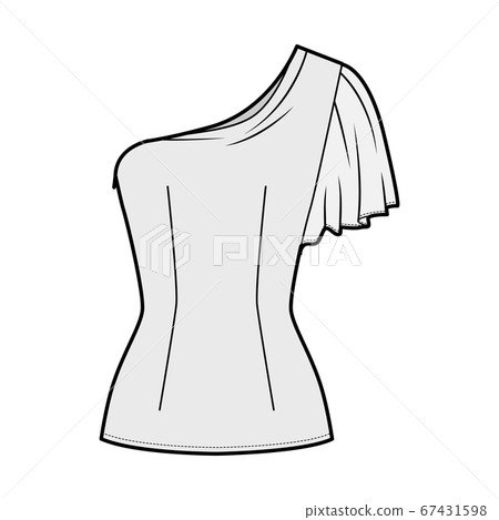 One-shoulder top technical fashion illustration with fitted body, close fit, sleeveless, side zip fastening One-shoulder top technical fashion illustration with fitted body, close fit, sleeveless, side zip fastening 67431598
