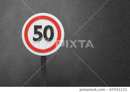 3D Illustration of a Speed limitation sign board pattern on dark background, textured traffic rules concept. 67432233