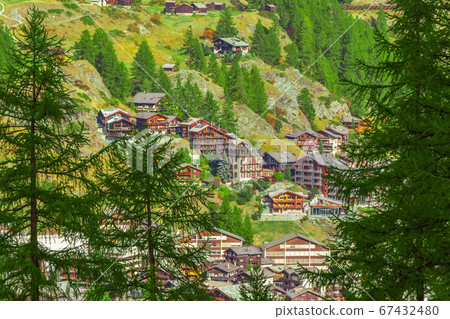 Alpine village, pine woods, Switzerland, Zermatt 67432480