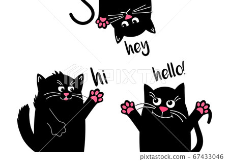 Funny black cats say Hello when they meet. Funny Kawaii animal. Funny black cats say Hello when they meet. Funny Kawaii animal. 67433046