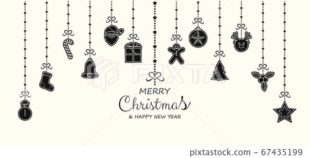 Christmas greeting card with hanging ornaments. Vector. 67435199