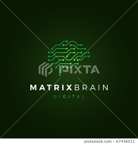 Human brain, abstract logo digital microcircuit with green lines and dots, matrix brain, vector illustration on black background 67436011