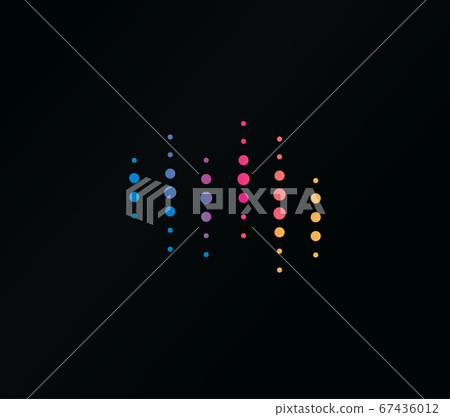 Colored dots with color gradient, abstract emblem for equalizer, vector logo template, sound wave. Colored dots with color gradient, abstract emblem for equalizer, vector logo template, sound wave. 67436012