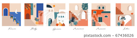 Abstract places, villages, small streets, old towns in Morocco, Mexico, Greece and Italy in pastel 67436026