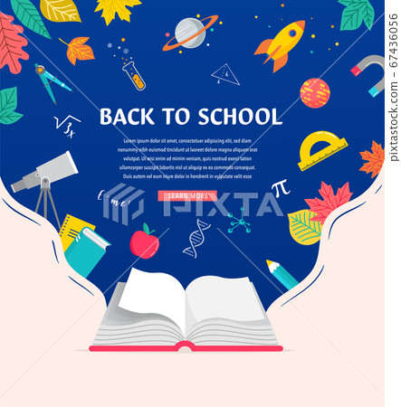 Open book, back to school concept illustration with supplies icons and books. Vector background Open book, back to school concept illustration with supplies icons and books. Vector background 67436056