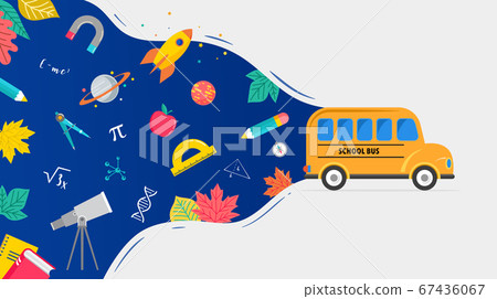 School bus, back to school concept illustration with icons of supplies and books. Vector background School bus, back to school concept illustration with icons of supplies and books. Vector background 67436067