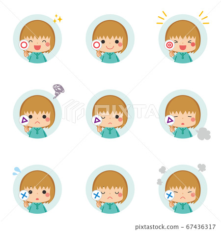 Icon set of a little girl with a round triangle cross Icon set of a little girl with a round triangle cross 67436317
