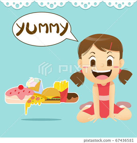 Cute girl loves to eat junk food and dessert 67436581