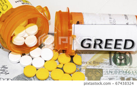 Pills spilling on to money from bottles that have 67438324