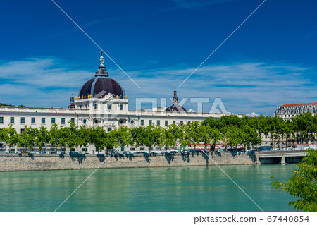Rhone river and Hotel-Dieu in Lyon 67440854