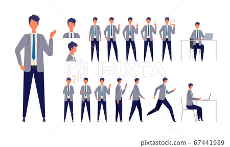 Illustrations of businessmen in various body poses Men wearing suits that stand, run, sit, and walk 67441989