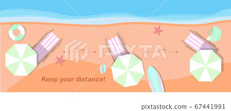 Top view of the beach with sun loungers at a distance to observe the quarantine distance on a pandemic. Flat illustration of a sandy beach and sea for recreation and vacation with an ad to observe the 67441991