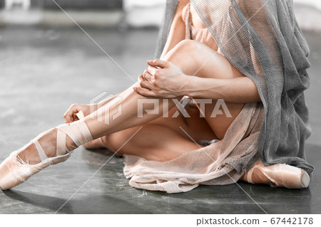 Close up view of elegant ballerina standing on toes in pointes Close up view of elegant ballerina standing on toes in pointes 67442178