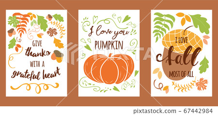 Cartoon vector hand drawn autumn Happy Thanksgiving Day cards. Vertical banners design templates set 67442984