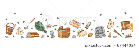 Flyer with hand drawn bathhouse and sauna accessories. Tub and birch broom, pot holder and hat, thermometer, massager and other. Vector illustration 67444084