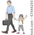 Child (girl) holding hands with father and waving while going to school 67444293