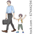 A child (boy) holding his father's hand and waving while going to school 67444294