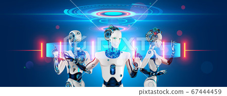 A team of cyborg robots works with a virtual 3d interface in cyberspace. An anthropomorphic bionic Android with artificial intelligence manages a team of workers. The fourth industrial revolution. A team of cyborg robots works with a virtual 3d interface in cyberspace. An anthropomorphic bionic Android with artificial intelligence manages a team of workers. The fourth industrial revolution. 67444459