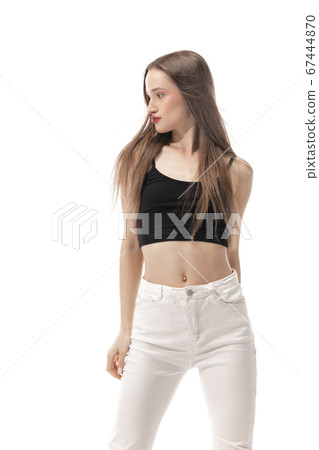 Portrait of beautiful young woman isolated on white studio background. Concept of beauty, skin care, fashion and style 67444870