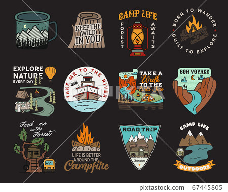 Vintage mountain camp badges logos set, Adventure patches. Hand drawn stickers designs bundle. Travel expedition, backpacking labels. Outdoor hiking emblems. Logotypes collection. Stock vector. 67445805