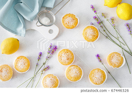 Lemon muffins with sugar powder 67446326