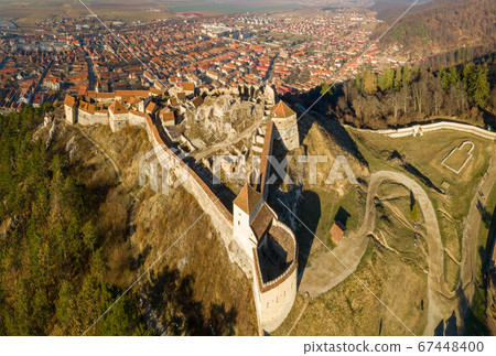 Aerial drone panoramic view of Historical fortress in Risnov or Rasnov. Romania Aerial drone panoramic view of Historical fortress in Risnov or Rasnov. Romania 67448400