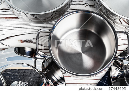 Close up photo of cookware set on kitchen counter Close up photo of cookware set on kitchen counter 67448695