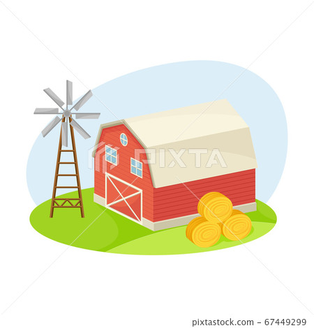 Farming Red Barn and Windmill with Haystack Rested Nearby Vector Composition 67449299