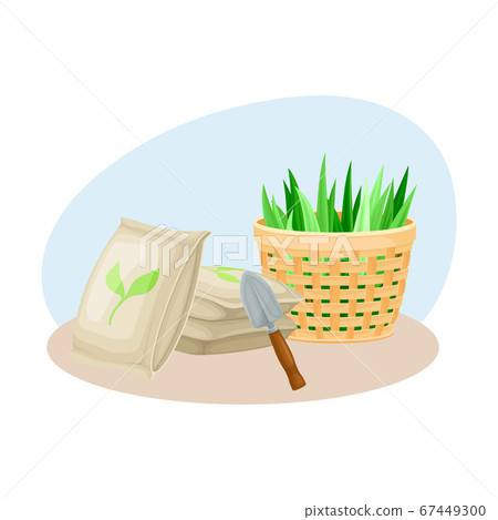 Seedling or Young Plant and Garden Inventory with Iron Spade and Fertilizer Vector Composition 67449300