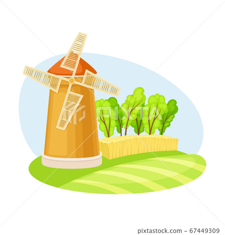 Windmill or Flour Mill with Blades on Green Field Vector Illustration 67449309