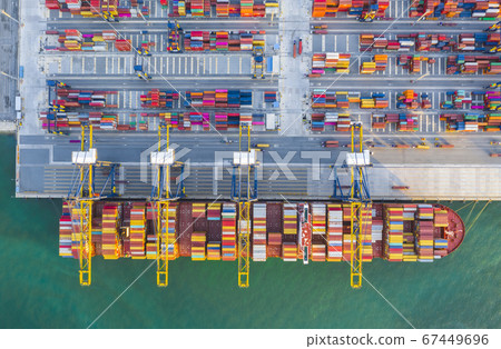 top view of industrial port with containers and vessel 67449696