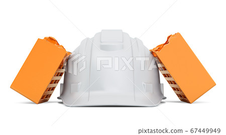 Broken brick on hard hat, 3D rendering Broken brick on hard hat, 3D rendering 67449949